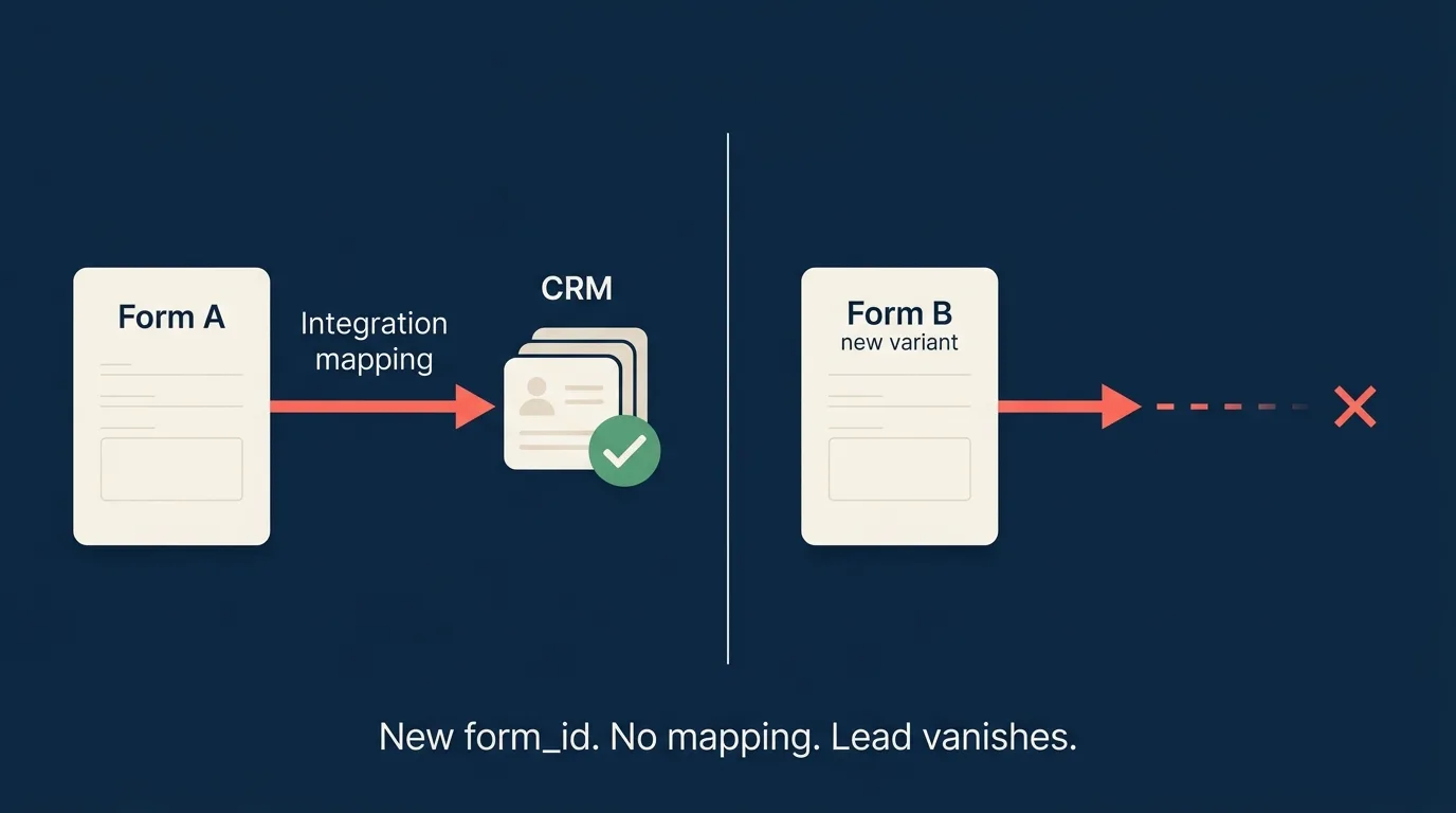 How a new lead form variant fails to route to a CRM when its form_id is not mapped A diagram showing Form A successfully routing to a CRM while Form B as a new variant has a broken integration path and the lead vanishes