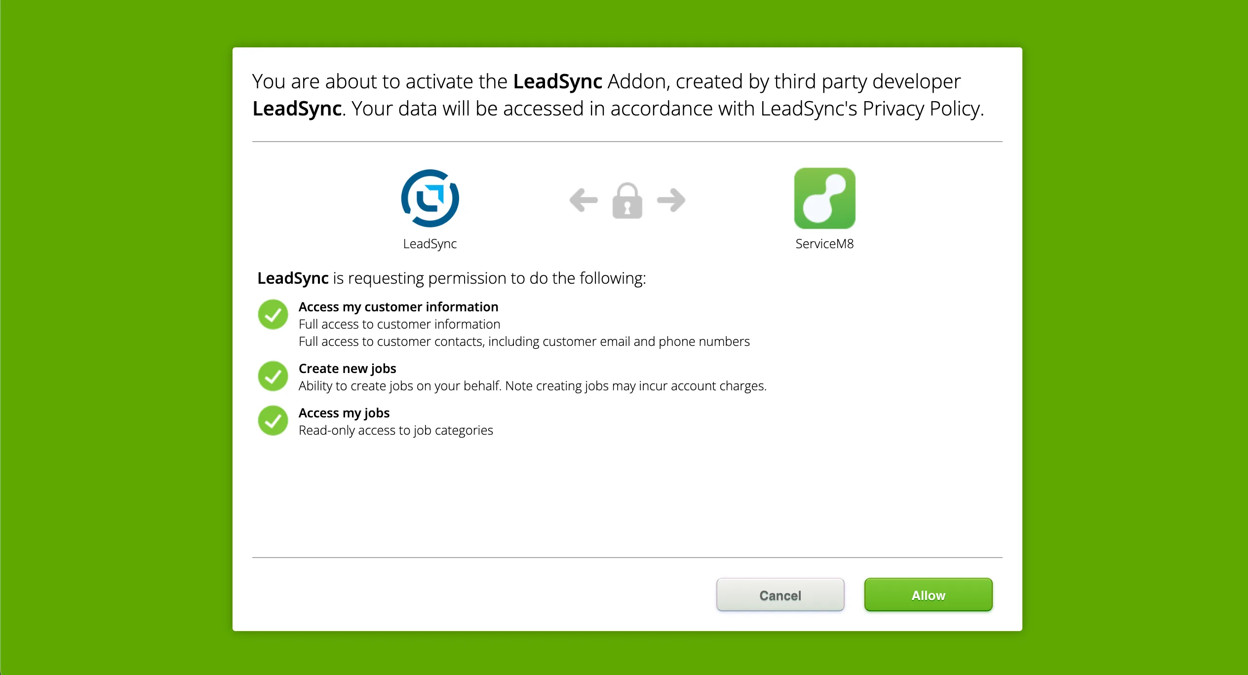 LeadSync ServiceM8 OAuth authorisation screen