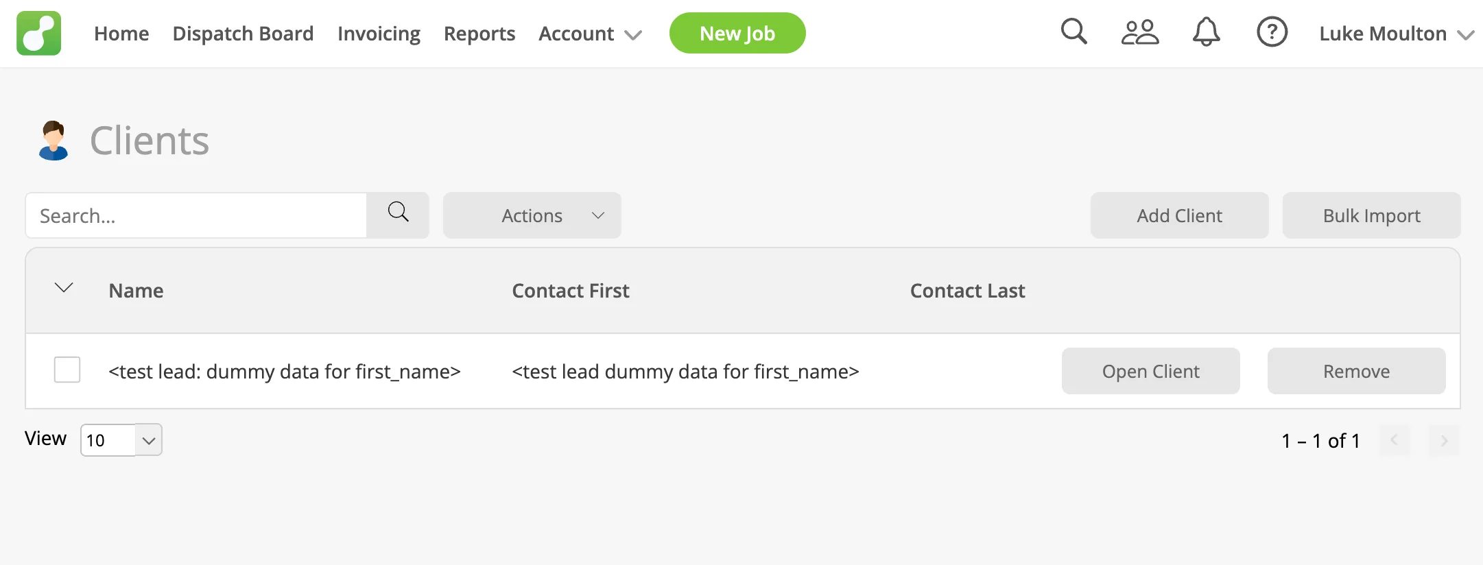 ServiceM8 dashboard showing the new Company, Contact, and Job created from a test lead