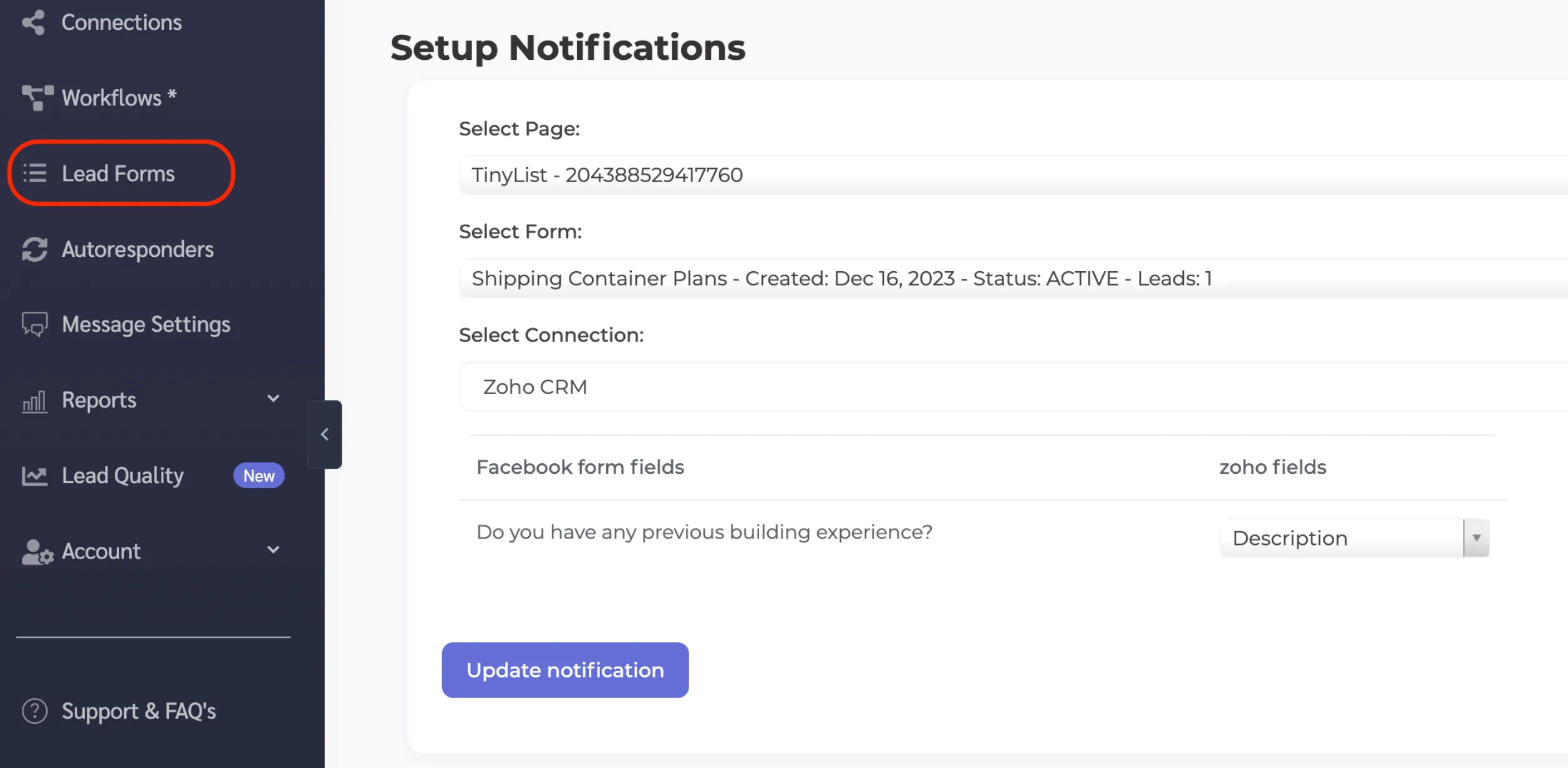 LeadSync field-mapping interface with Facebook lead form questions on the left and Zoho CRM Lead module fields on the right