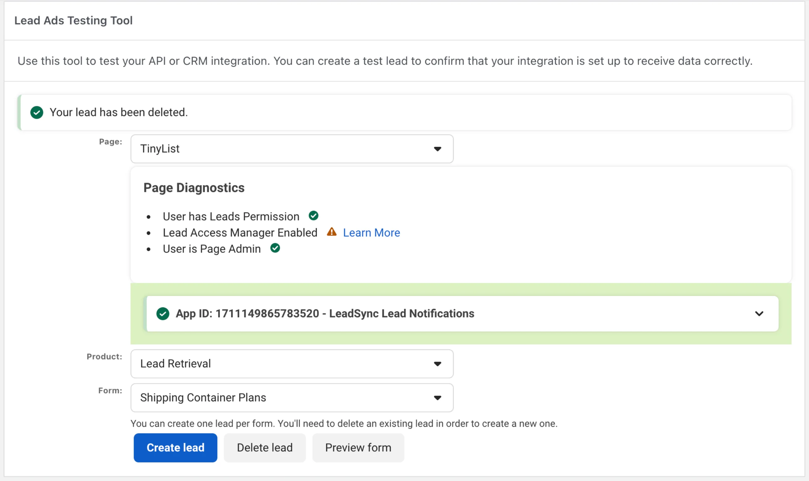 Meta Lead Ads Testing Tool firing a synthetic lead, with the Track status panel reporting Success