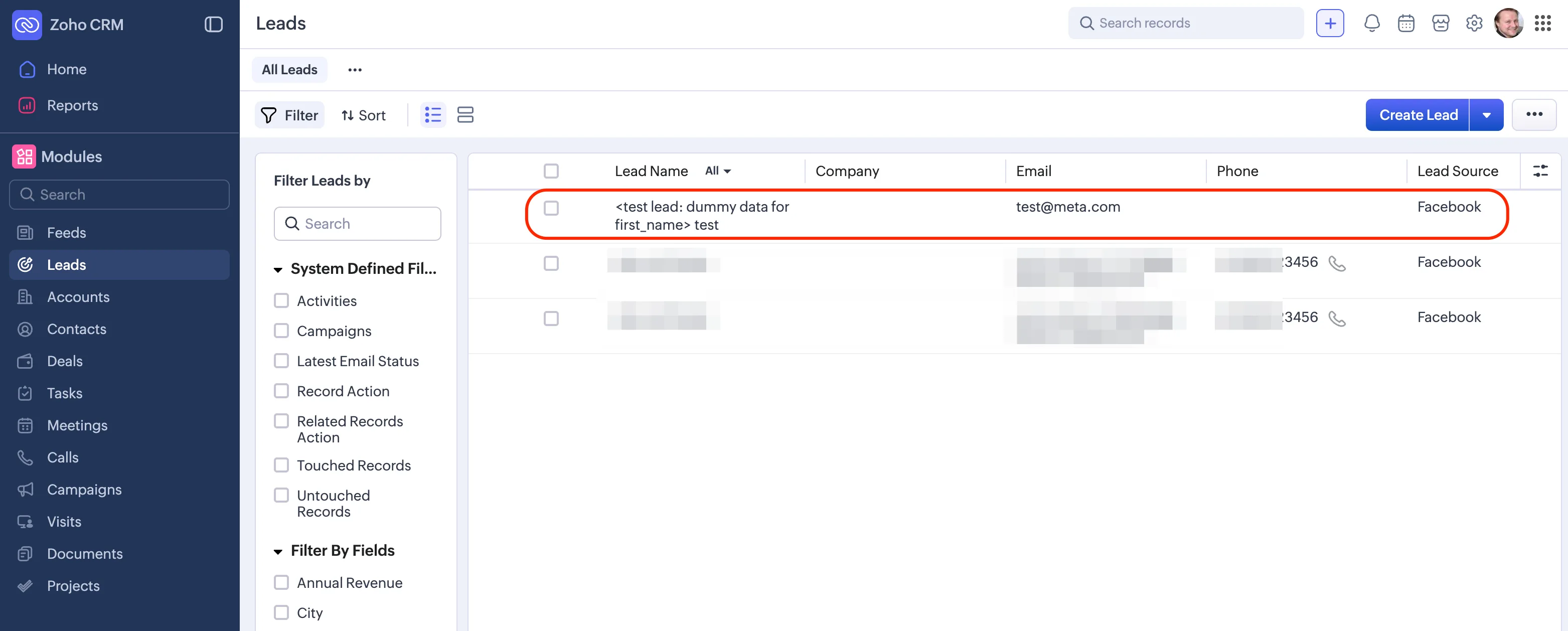 A test lead landing in Zoho CRM Leads with Lead Source set to Facebook and the mapped fields populated