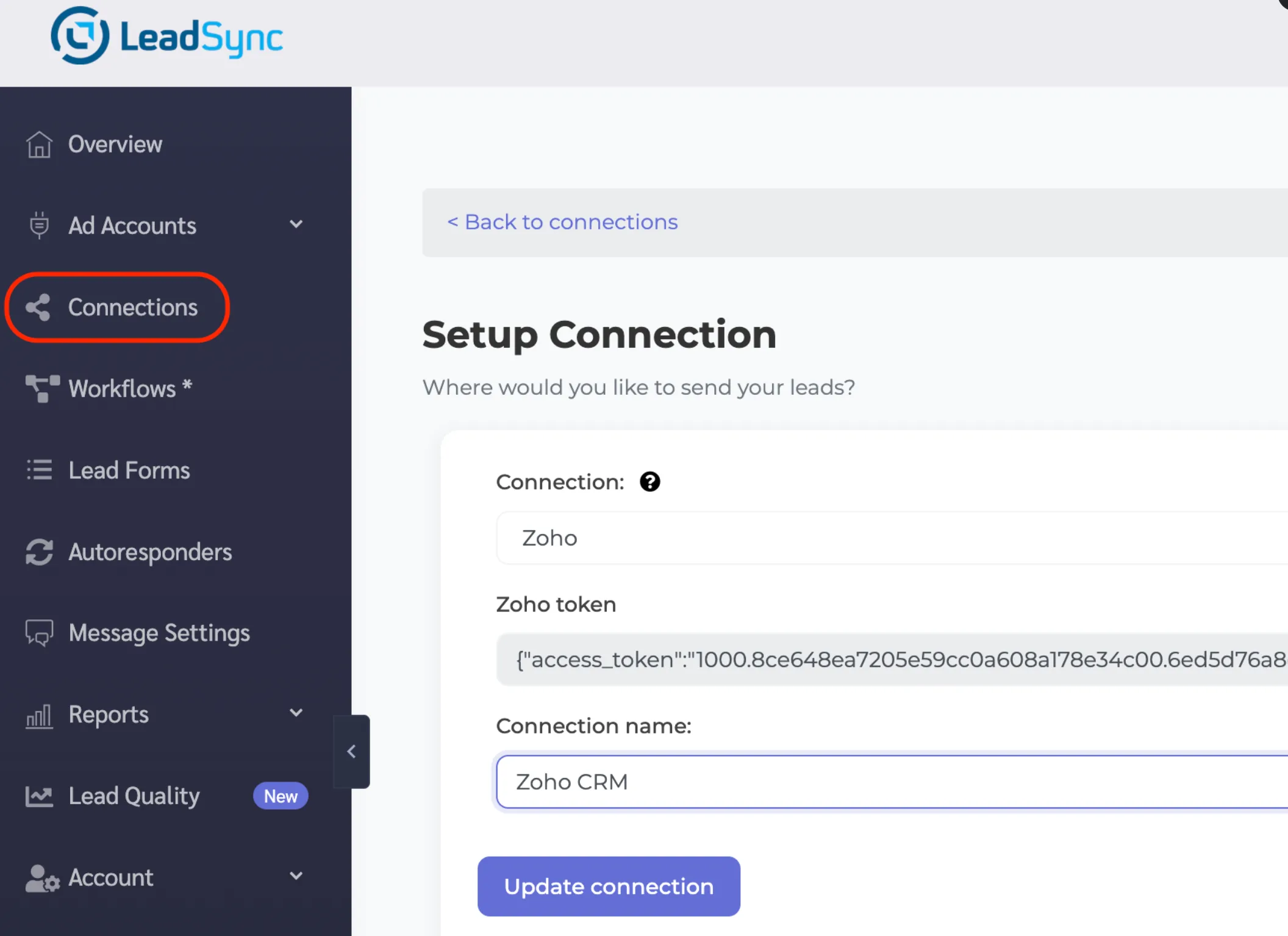 LeadSync Setup Connection page showing the Zoho OAuth token populated automatically after consent
