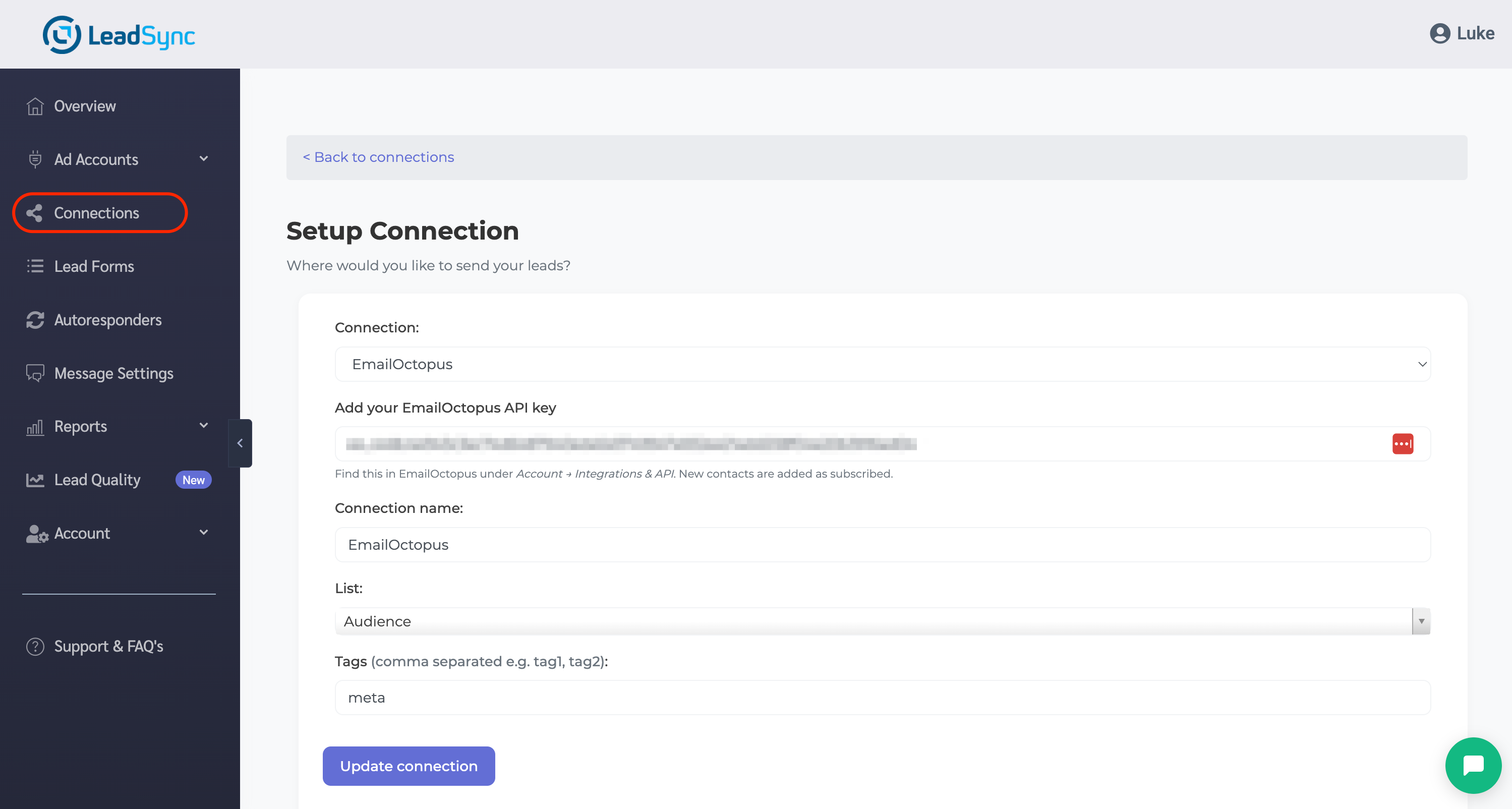 The EmailOctopus connection in LeadSync with the Audience list selected and a tag applied