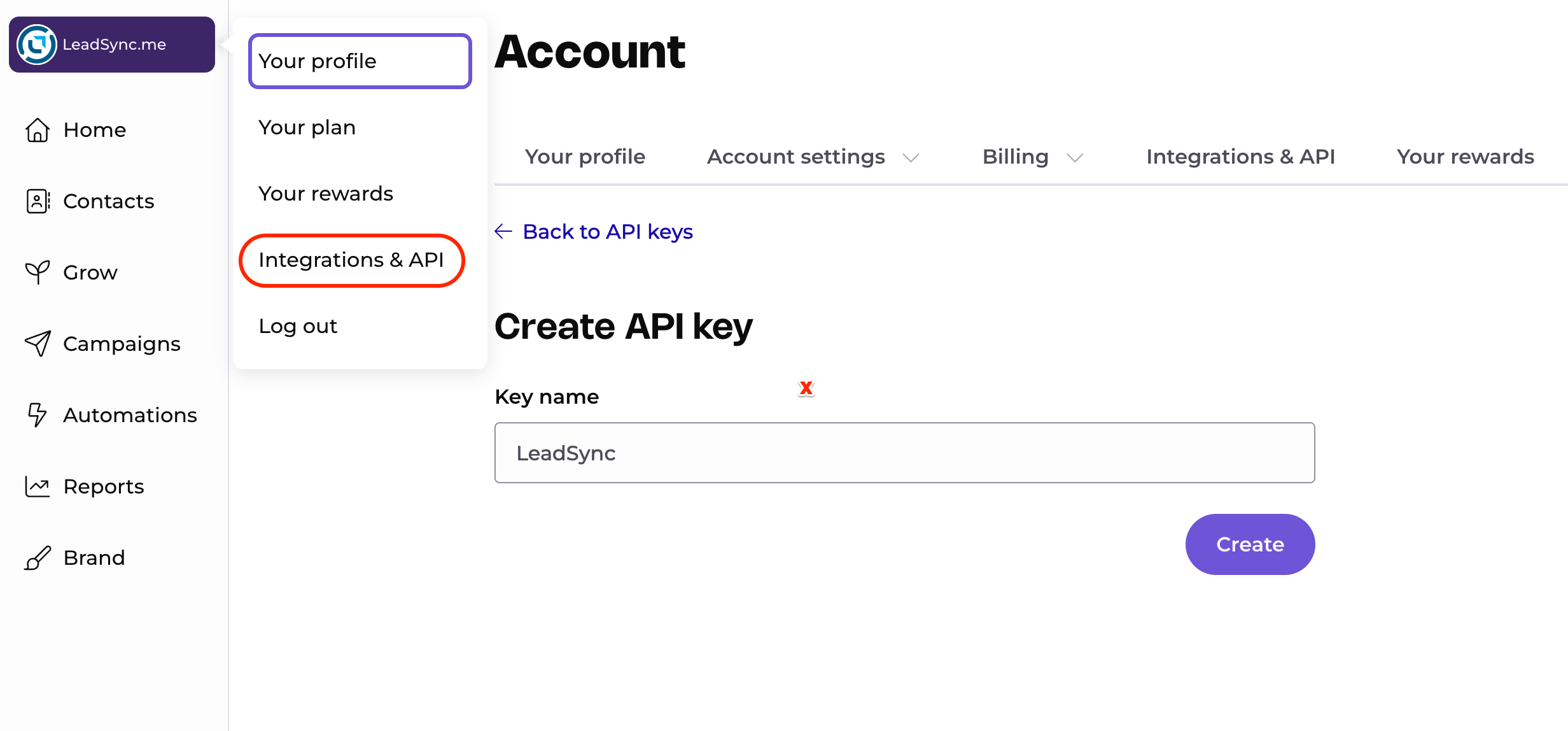 Creating a new API key in EmailOctopus under Account, Integrations and API