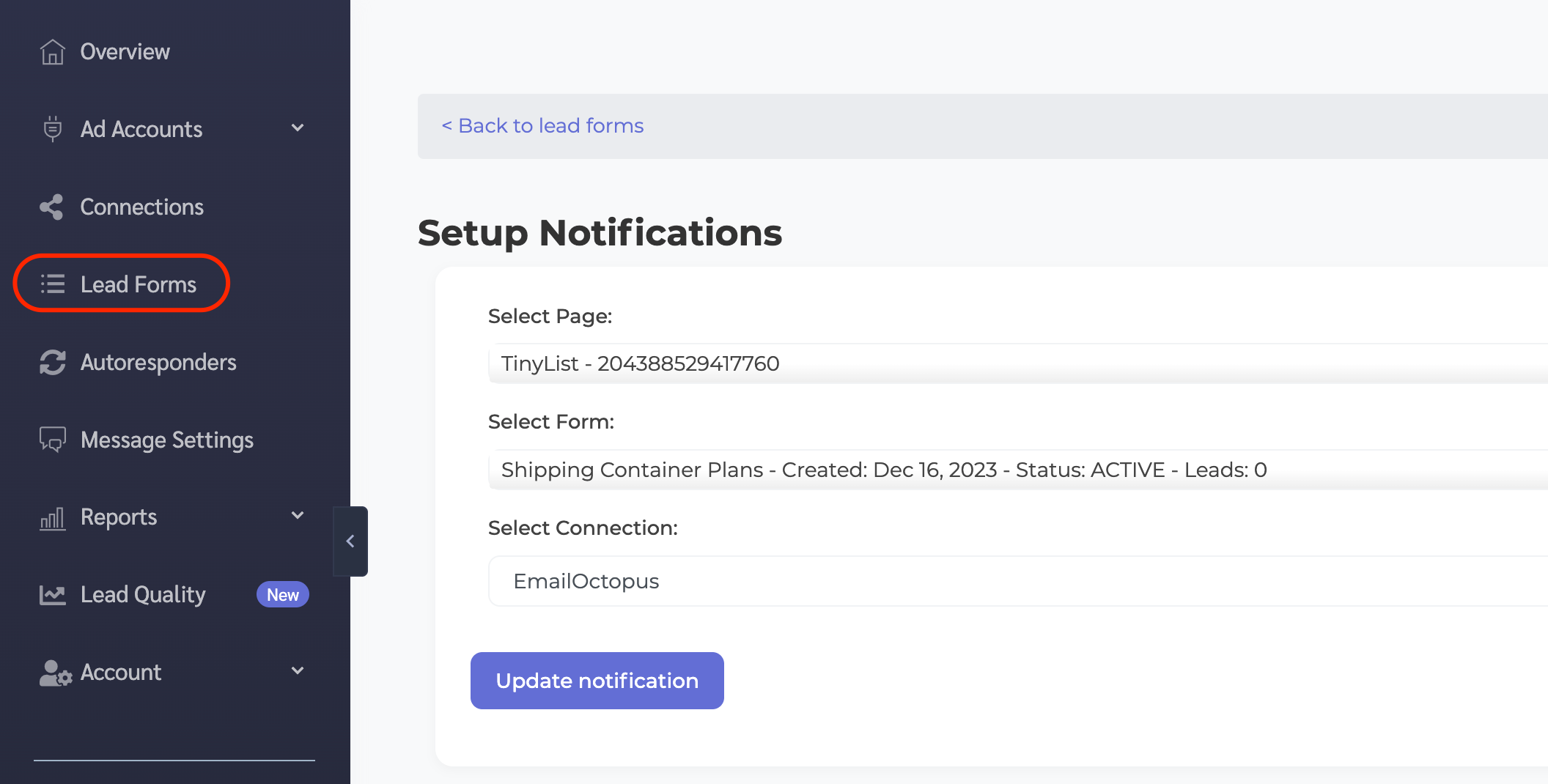 Pairing a Facebook lead form to the EmailOctopus connection in LeadSync