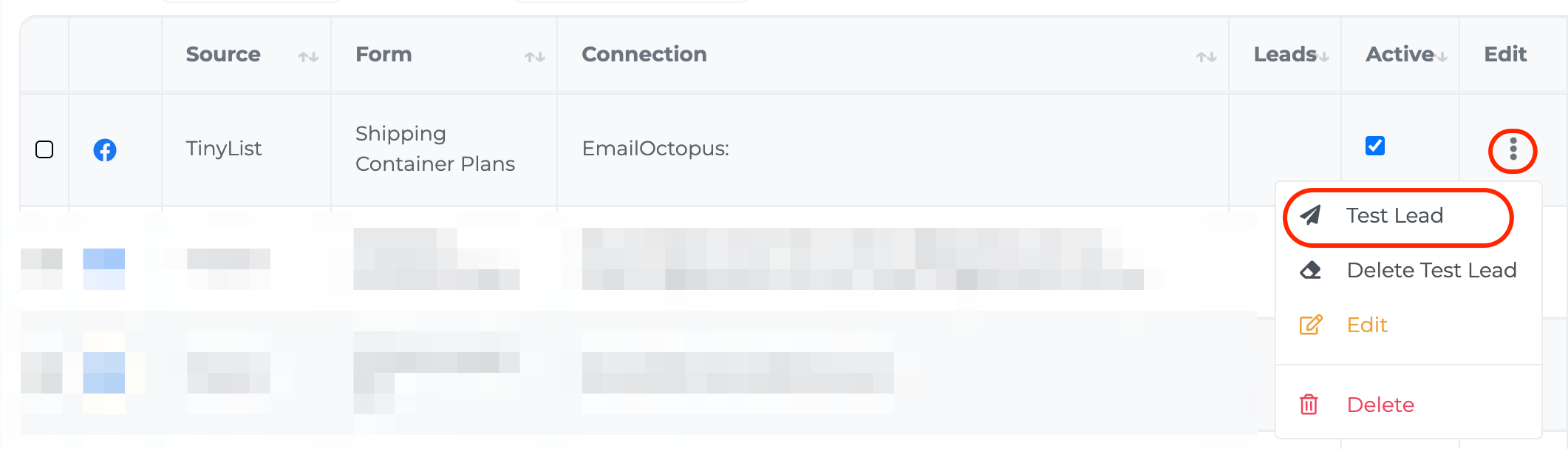 Sending a test lead from the connection menu in LeadSync