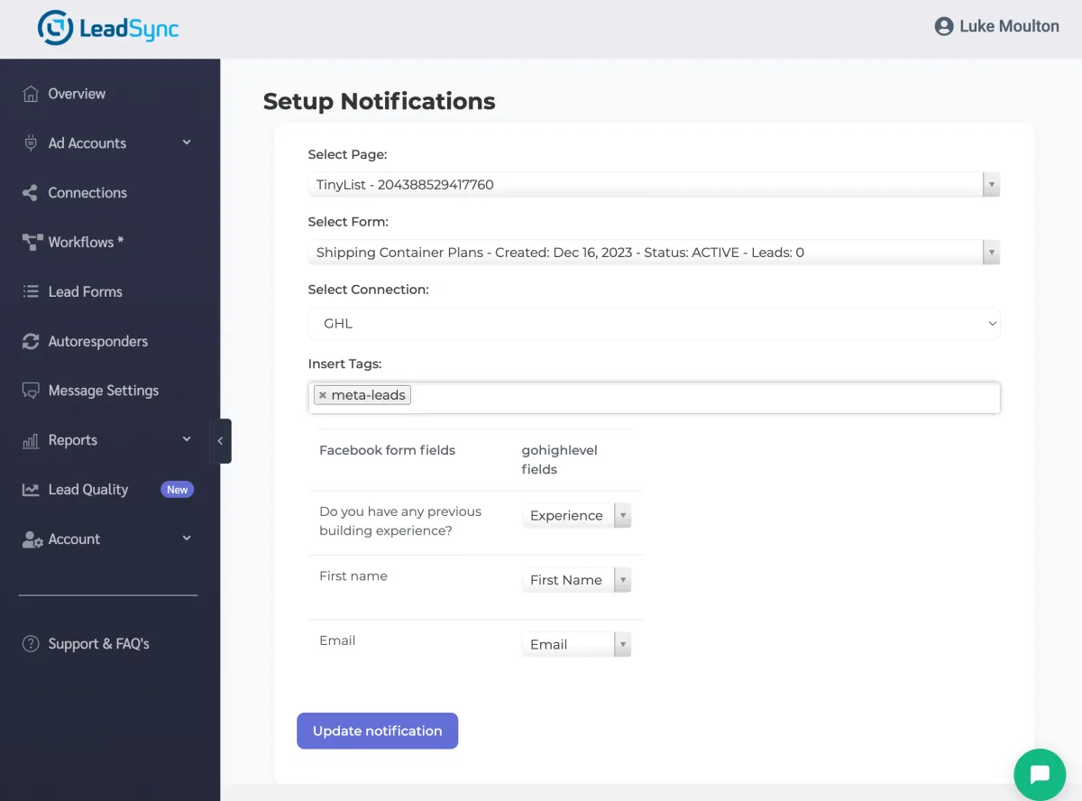 Mapping Facebook lead form fields to GoHighLevel contact fields, with a tags field above