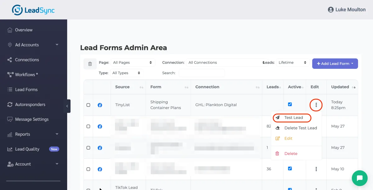 Sending a test lead from LeadSync to GoHighLevel