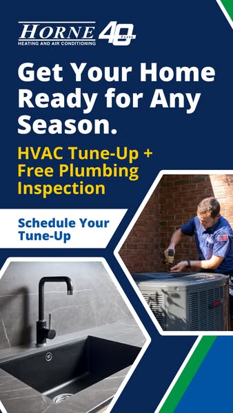 HVAC Facebook lead ad example: AC tune-up with free plumbing inspection bundle from Horne Heating
