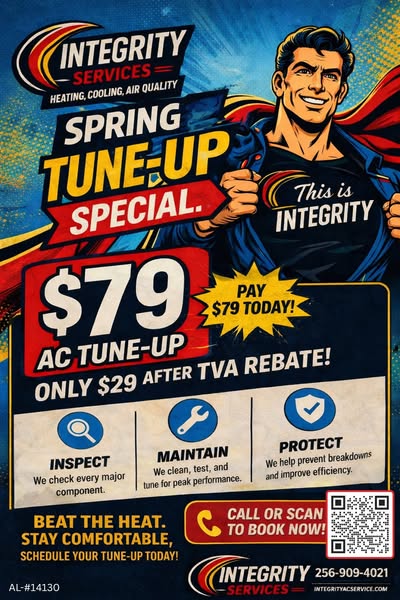 HVAC Facebook lead ad example: tune-up special stacked with utility rebate from Integrity Services