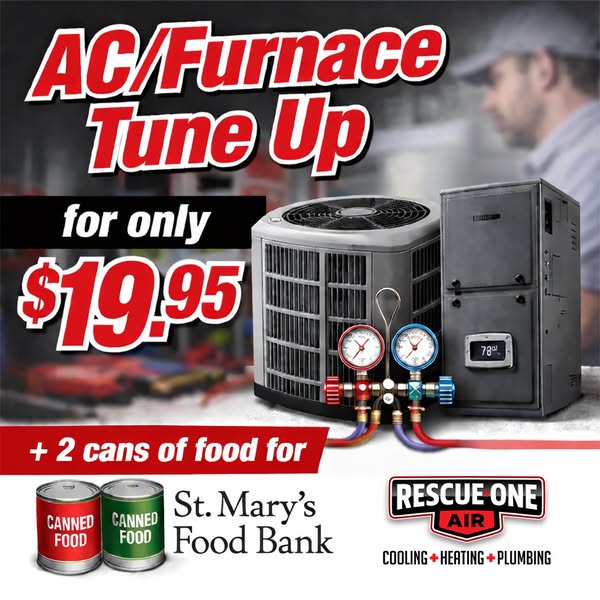 HVAC Facebook lead ad example: tune-up with canned food donation from Rescue One Air
