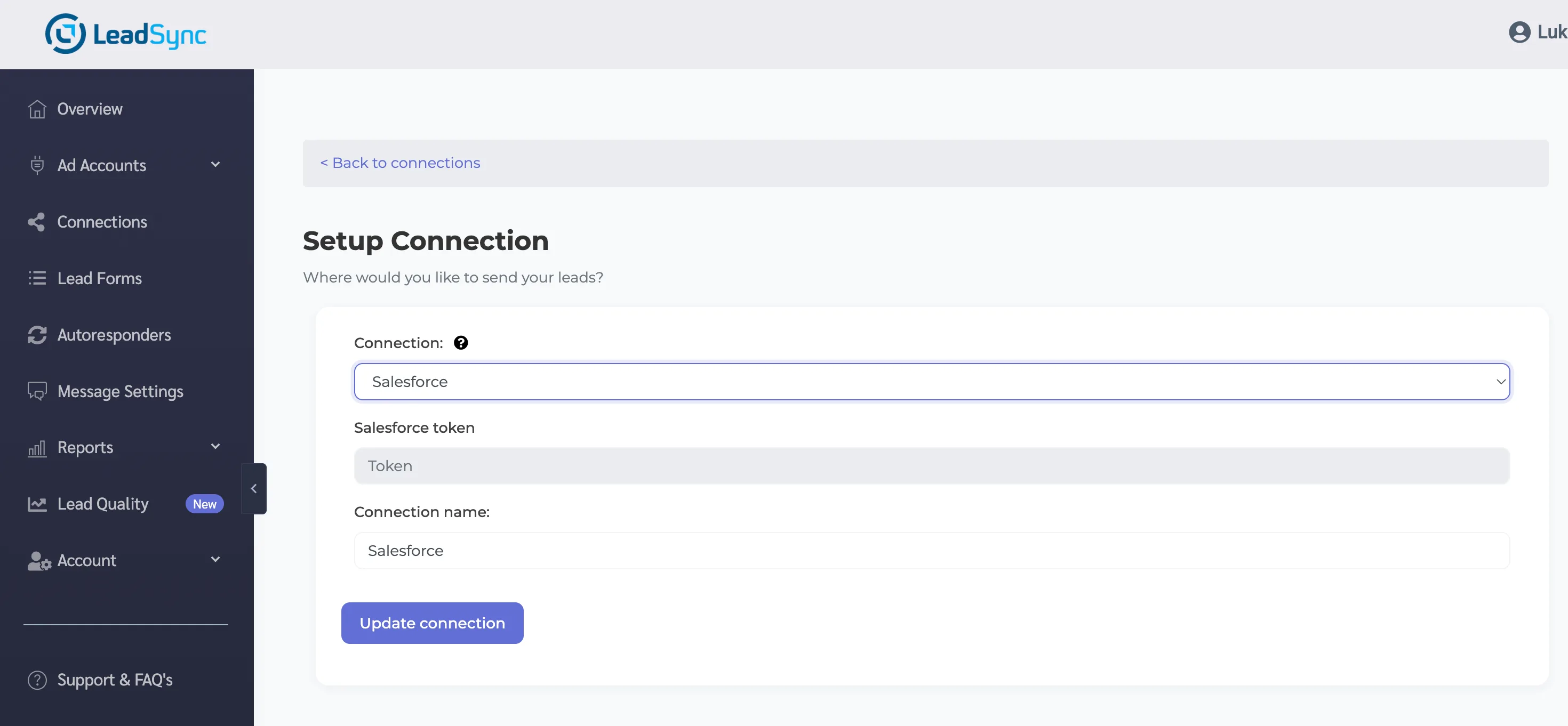 Adding a Salesforce connection in LeadSync