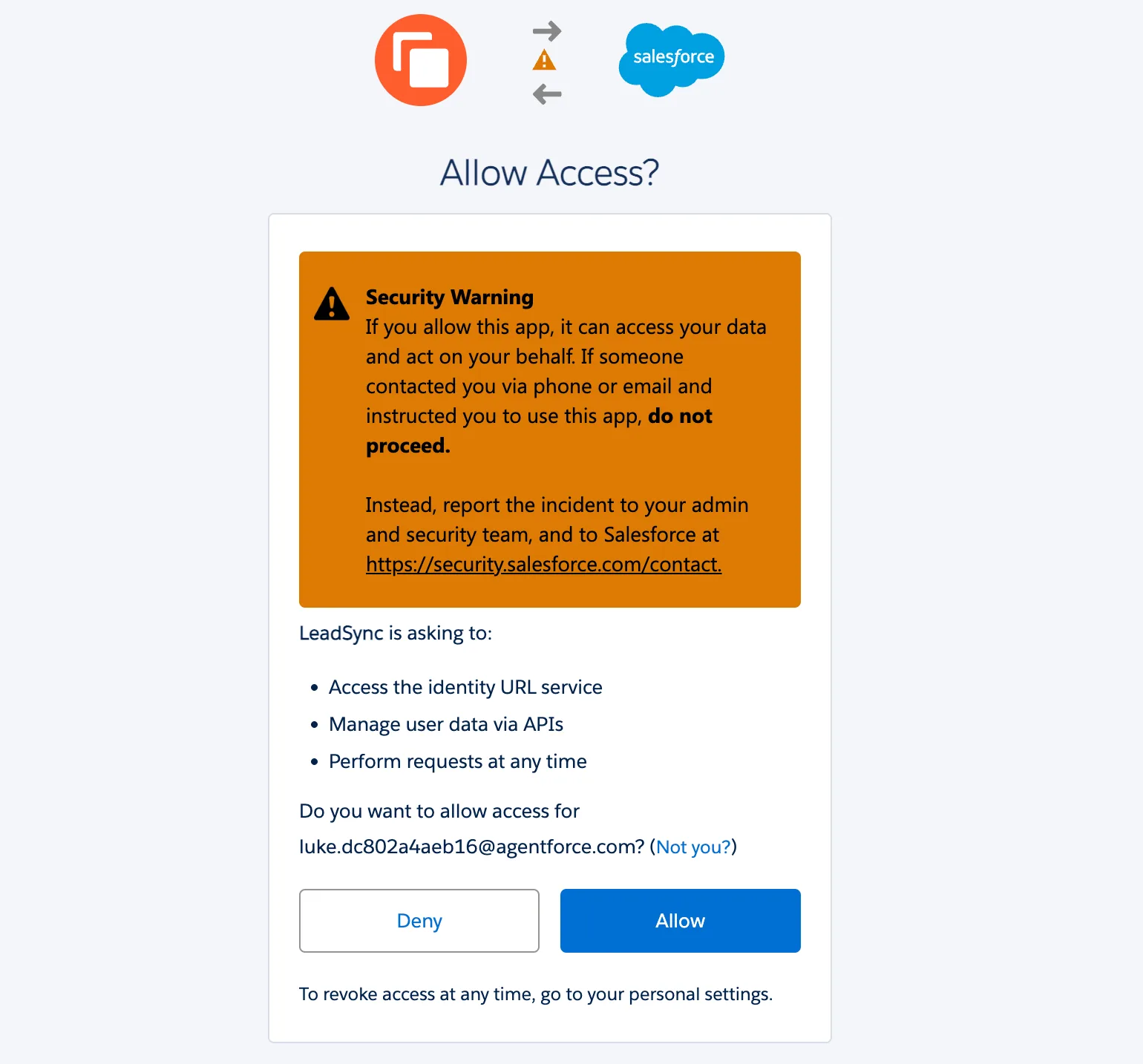 The Salesforce Allow Access screen showing the permissions LeadSync requests
