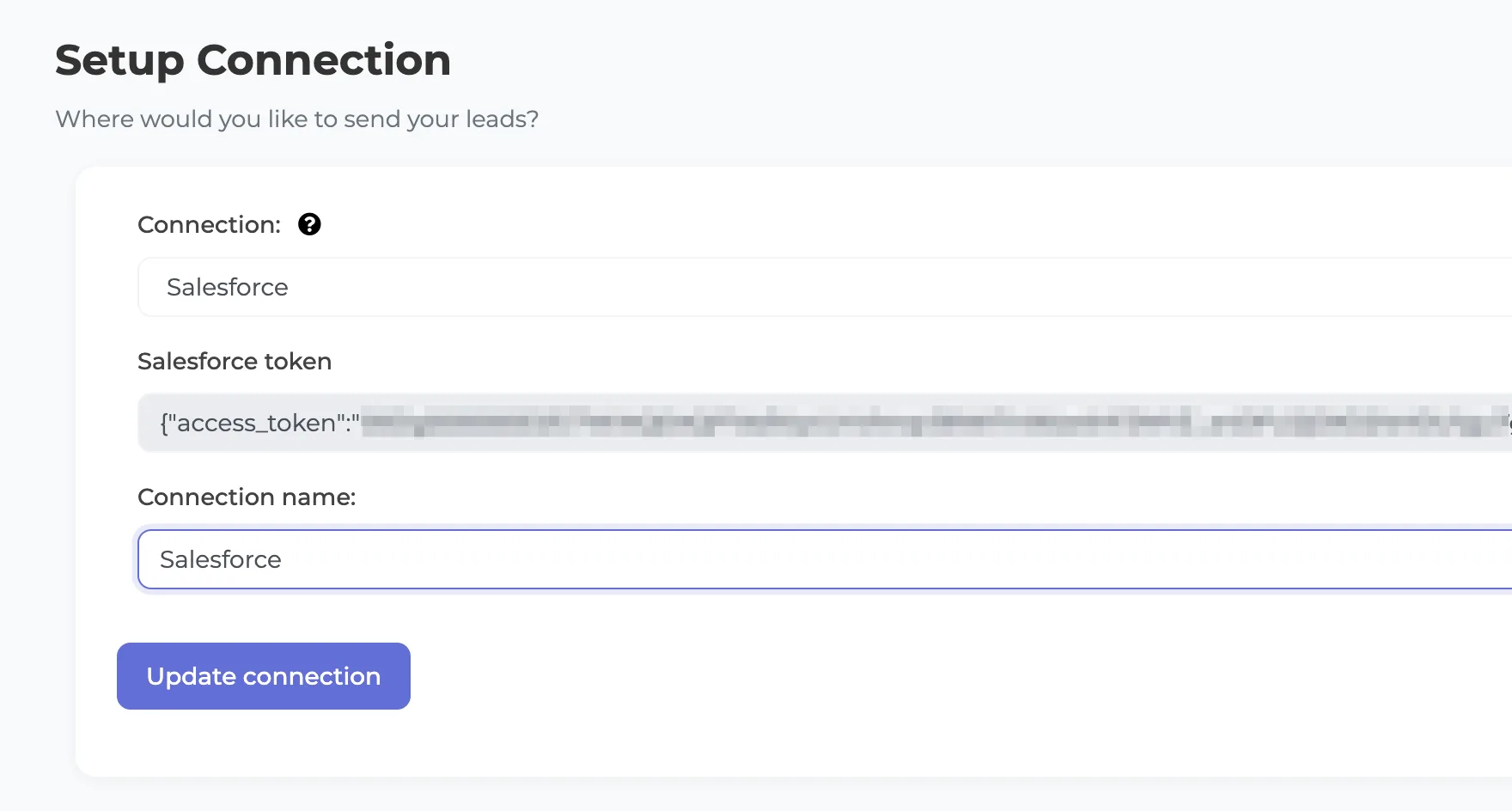 Saving the completed Salesforce connection in LeadSync