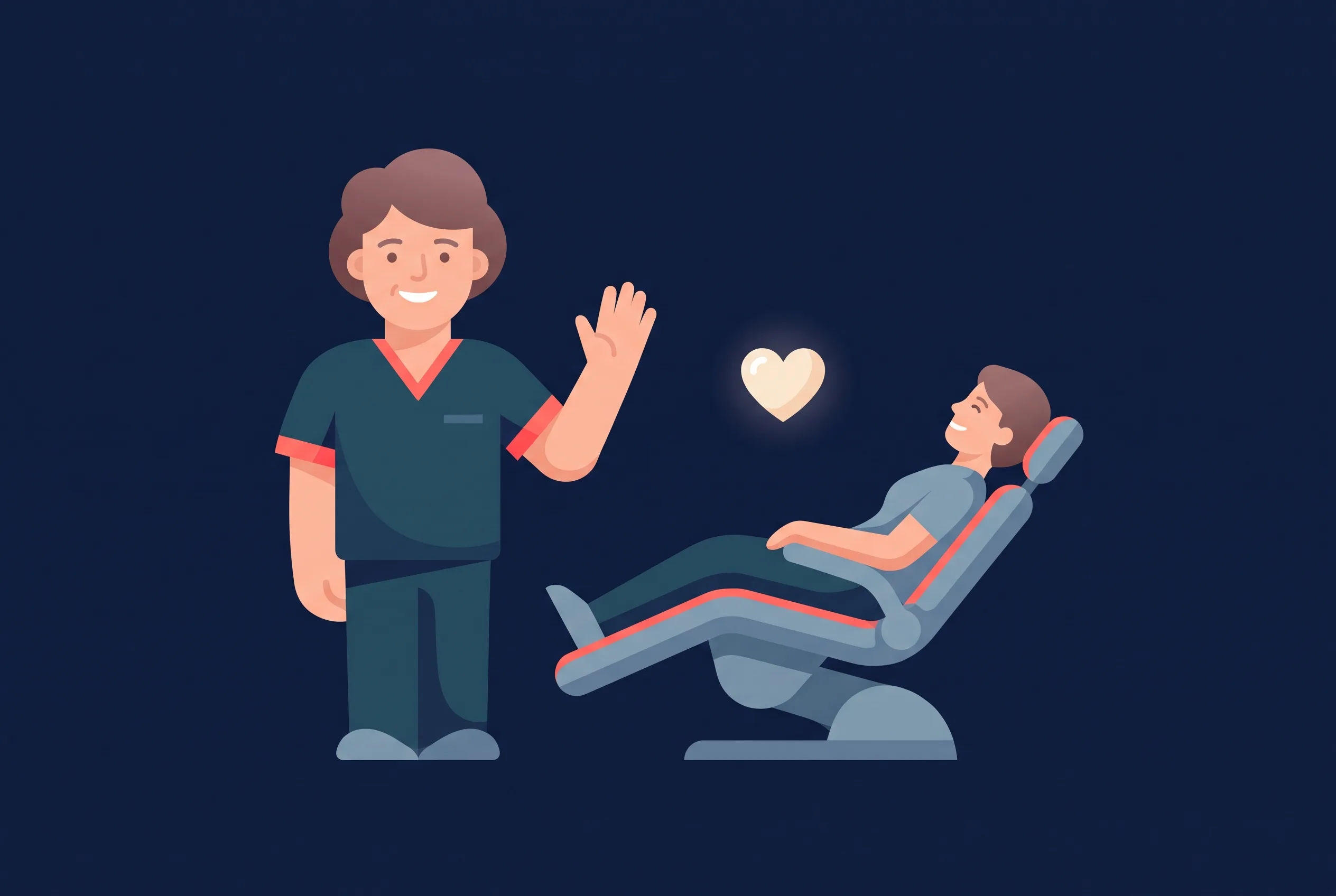 Dental Facebook ad pattern illustration: a friendly dentist waving beside a relaxed patient in a chair