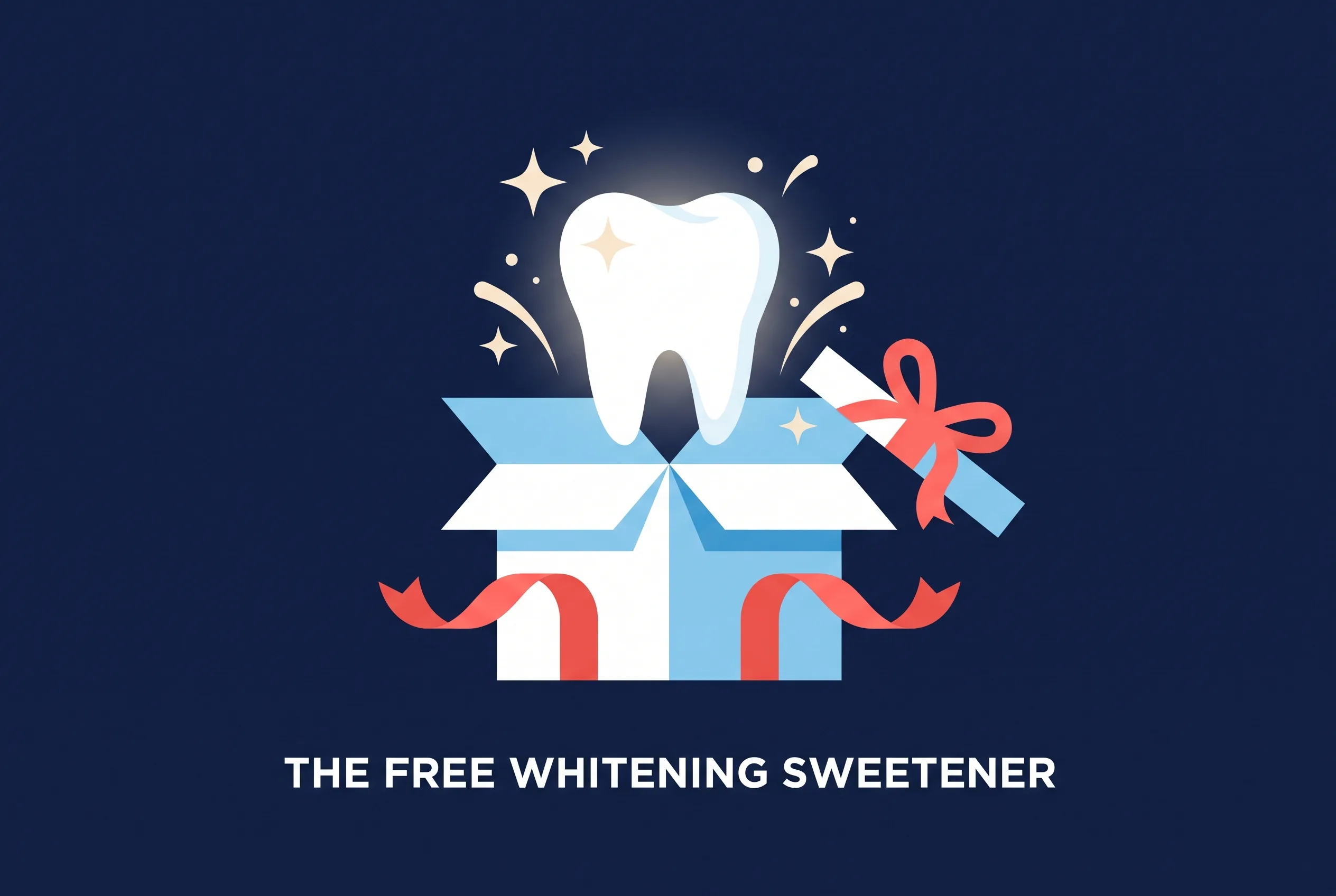 Dental Facebook ad pattern illustration: a sparkling tooth in a gift box, the free whitening sweetener