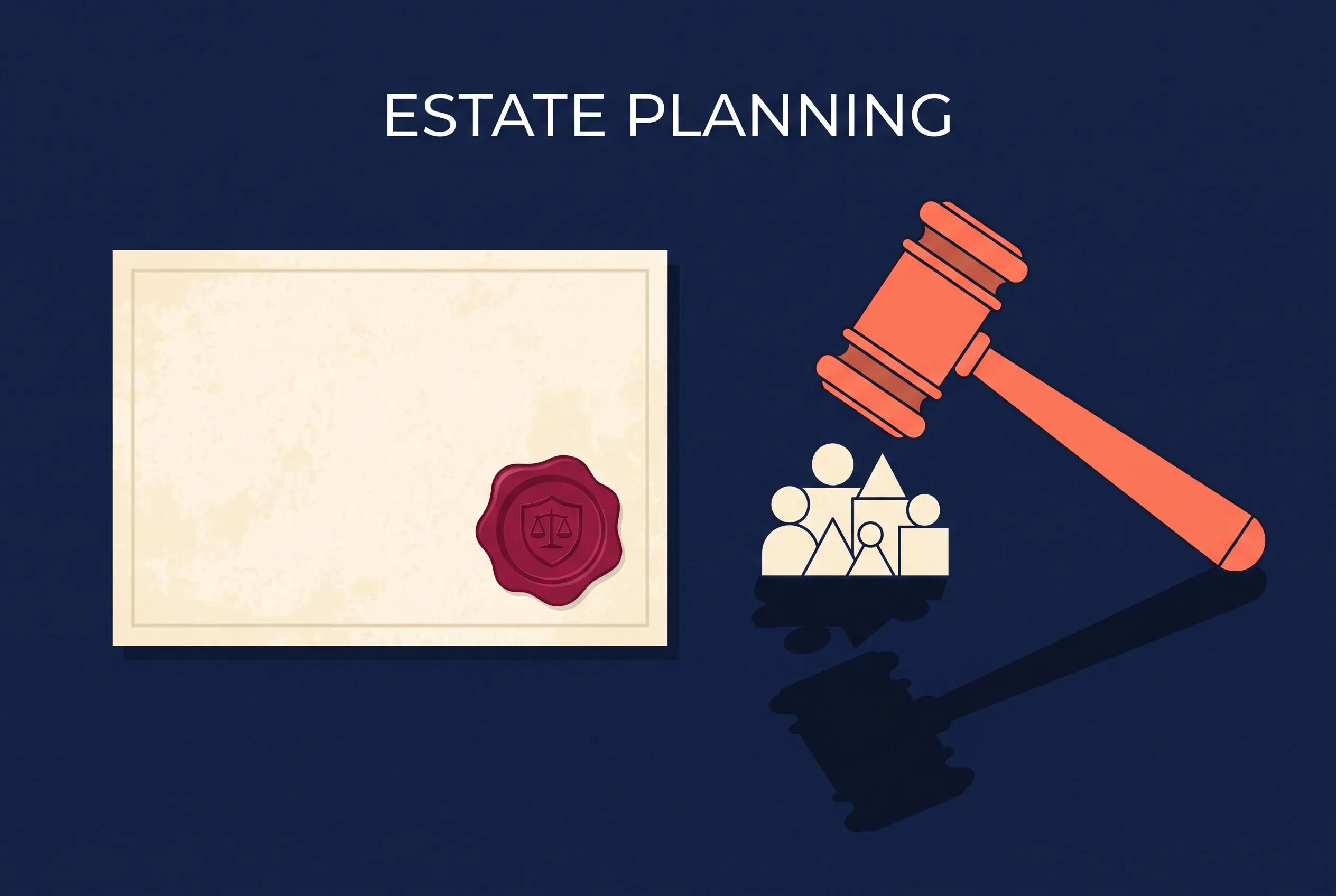 Law firm Facebook ad pattern illustration: a will document and a court gavel over a family, the fear of the default