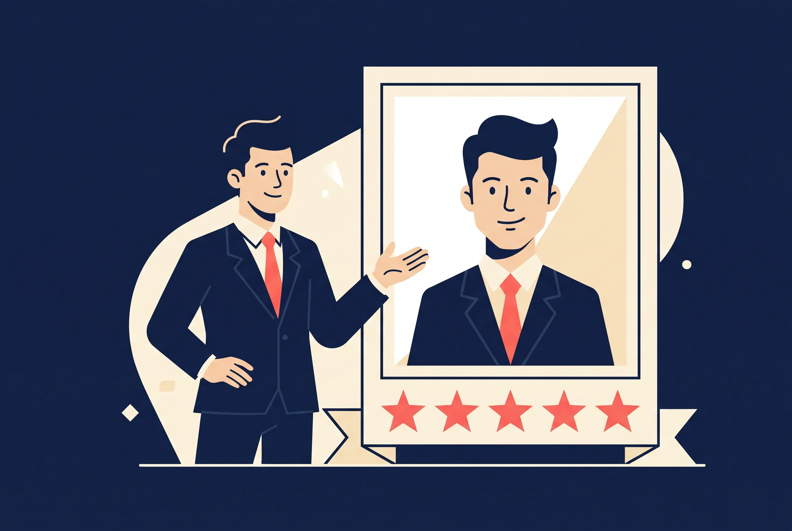 Law firm Facebook ad pattern illustration: a lawyer beside their own five-star portrait, the named lawyer trust play