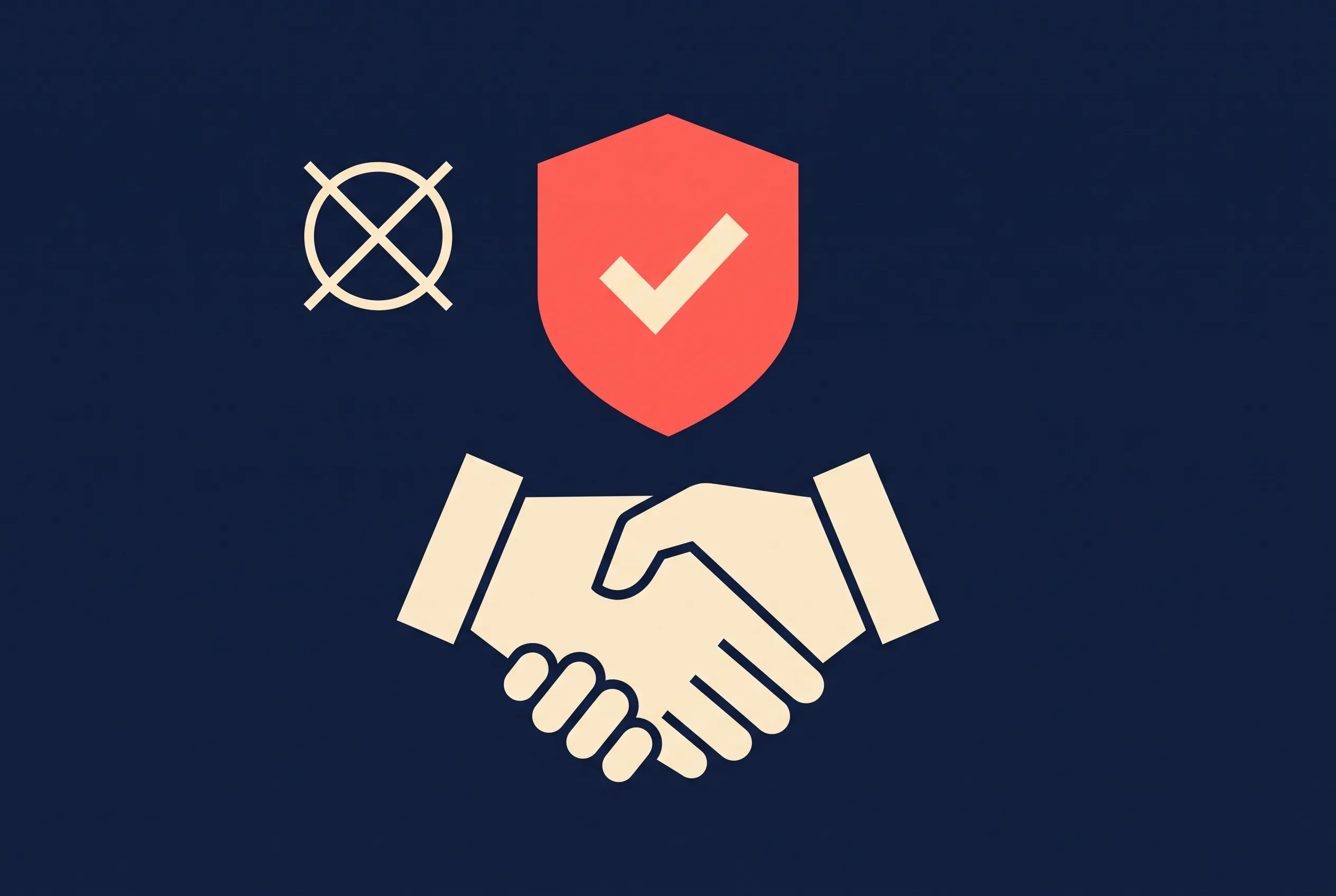 Law firm Facebook ad pattern illustration: handshake with a shield and crossed-out coin, the no-fee case evaluation