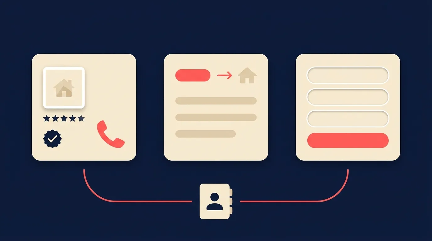 Three Google ad formats for real estate: a Local Services card with rating, badge and call button; a Search text ad; and a lead form, all feeding one CRM