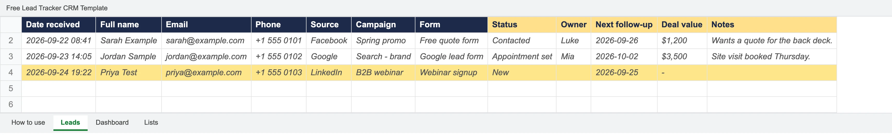 The Leads tab of the free Google Sheets CRM template: navy lead-detail columns, yellow columns for status, owner, next follow-up, deal value and notes, with an overdue follow-up highlighted amber