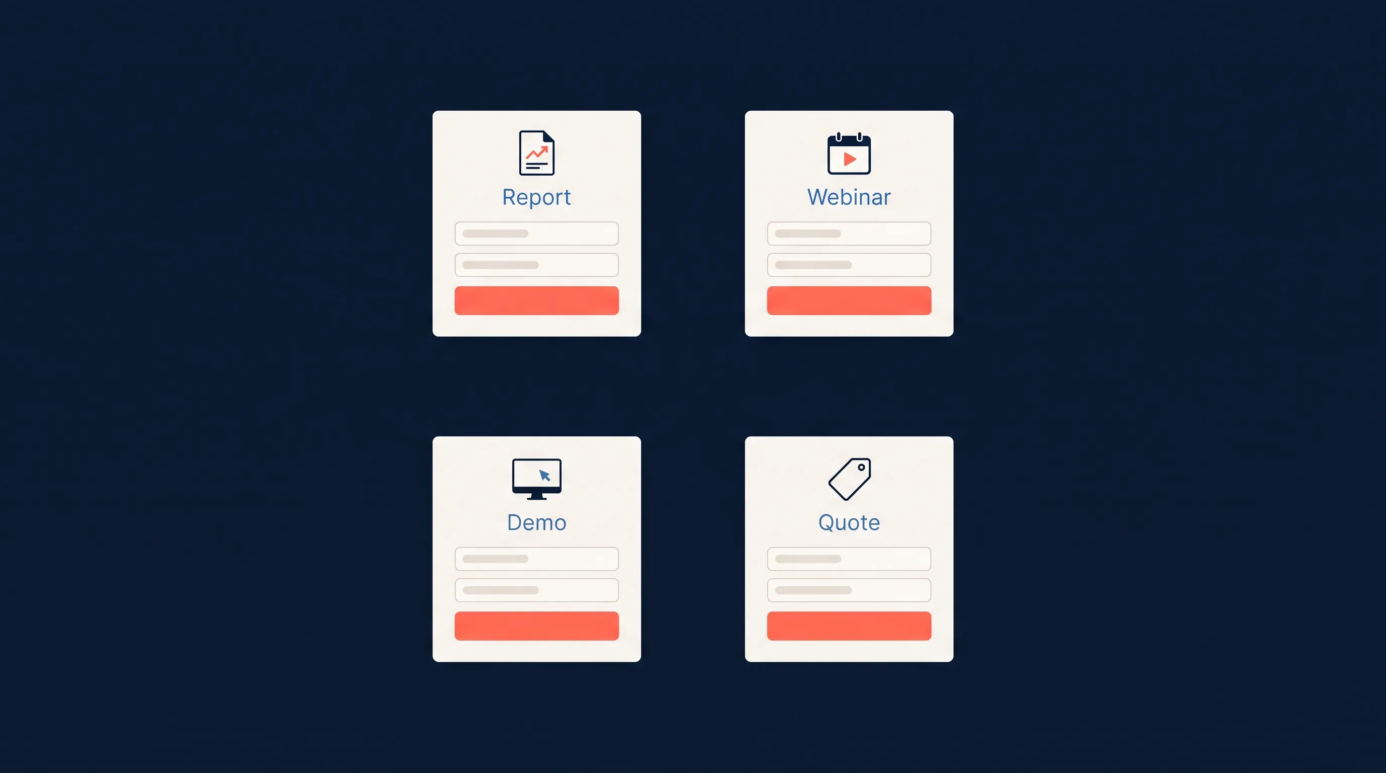 Four common Lead Gen Form offers Four LinkedIn Lead Gen Form example cards for a gated report, a webinar, a demo request and a quote request.