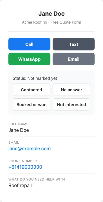 The LeadSync lead page on a phone: Call, Text, WhatsApp and Email buttons, status buttons, and the lead&rsquo;s details (sample data)