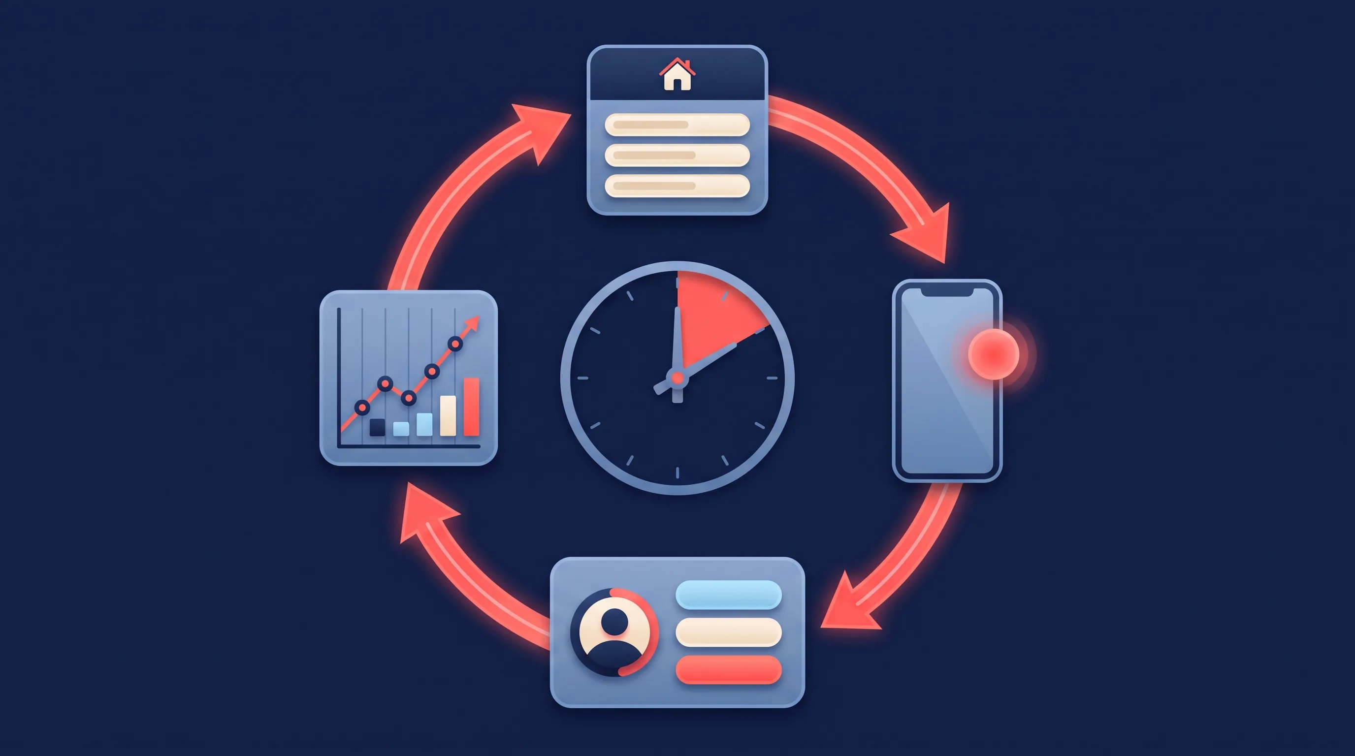 The lead response loop: form, alert, lead page with status, and ad platform feedback