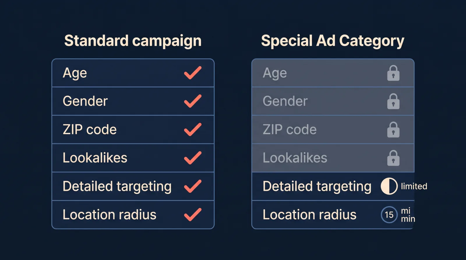 Which Meta targeting options a Special Ad Category locks: age, gender, ZIP code and lookalikes are unavailable, detailed targeting is limited, and location carries a 15-mile minimum radius