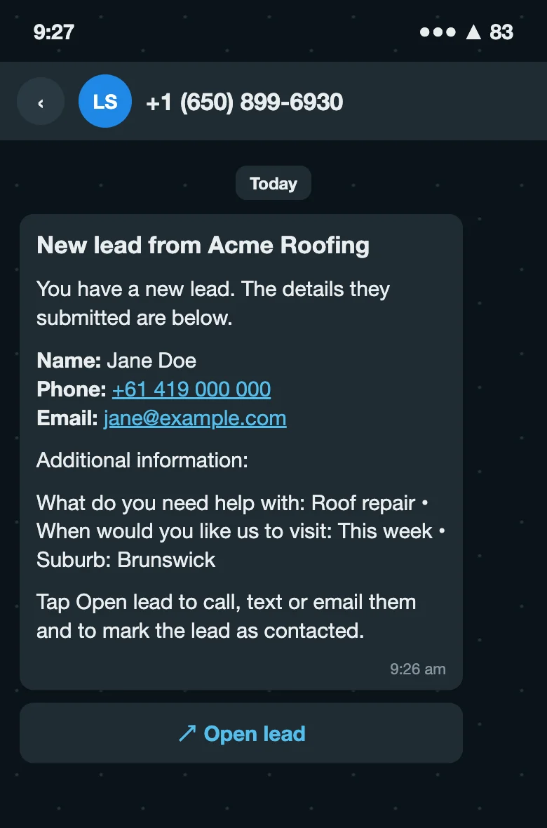 A LeadSync WhatsApp lead alert on a phone: header &ldquo;New lead from Acme Roofing&rdquo;, the lead&rsquo;s name, phone and email, their form answers under Additional information, and an Open lead button (sample data)