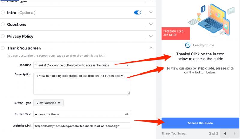 Customize your facebook form thank you screen