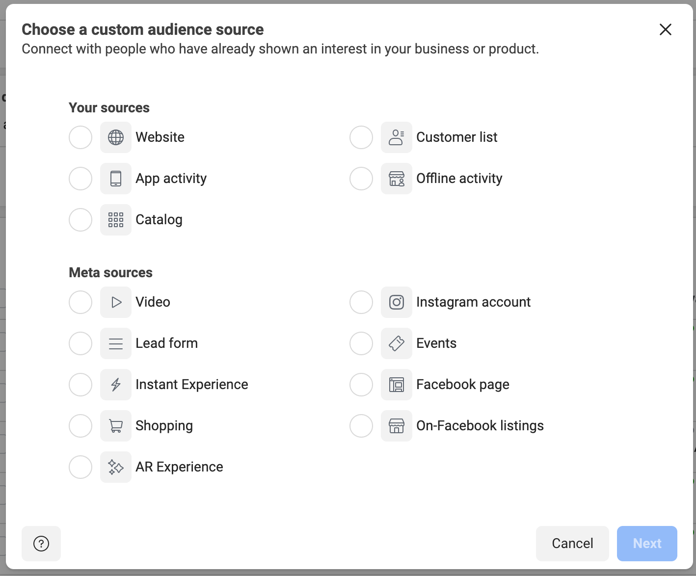 Select a custom audience type