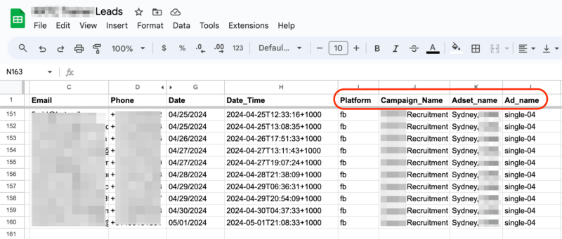 Meta ads tracking data in Google Sheets