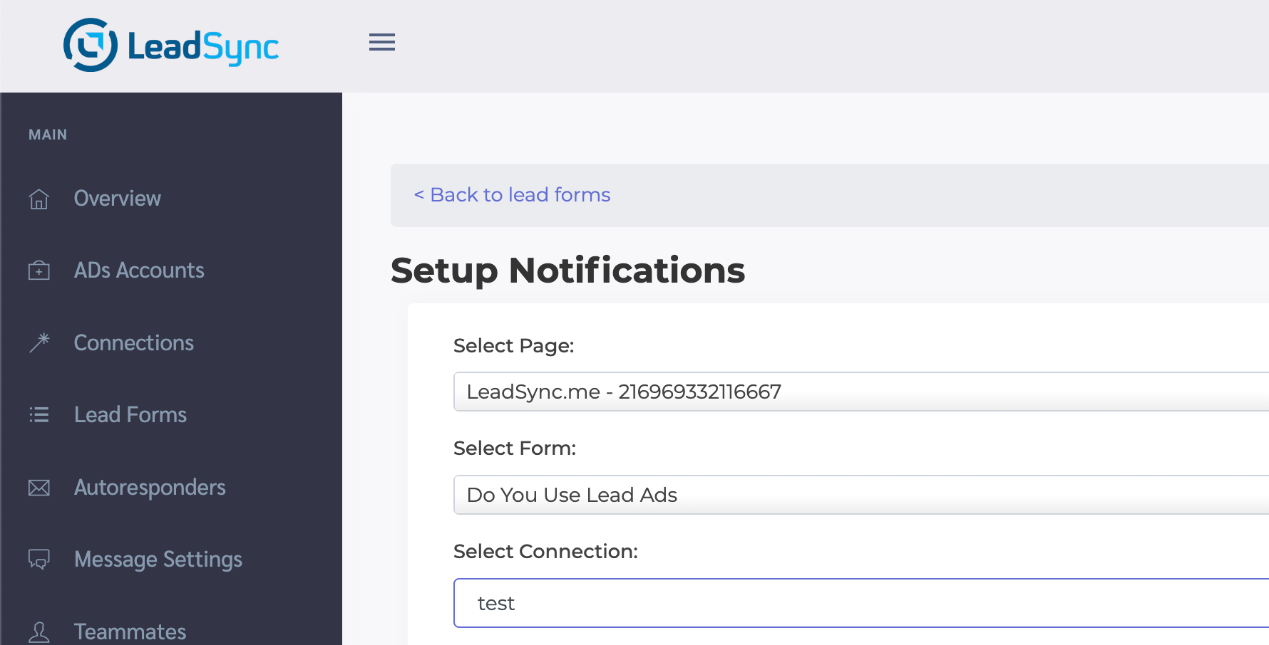Lead form connection setup