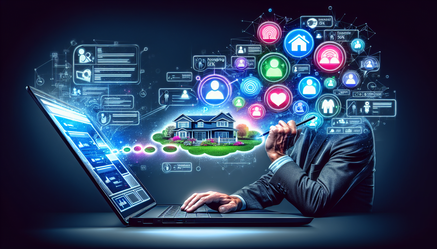 Illustration of a real estate agent using a laptop to manage a Facebook business page