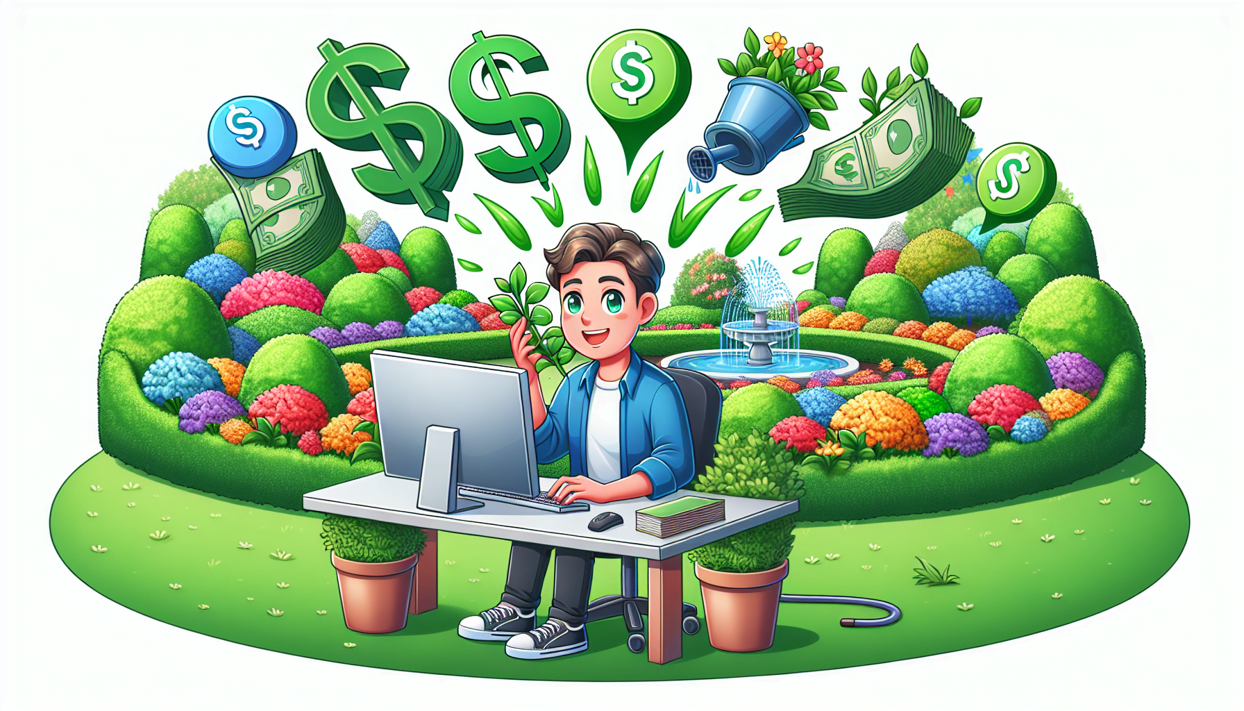 A cartoon illustrating paid strategies for lead generation in landscaping.