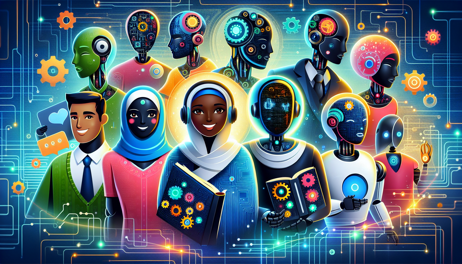 An illustration depicting various AI chatbots interacting with users on a website.