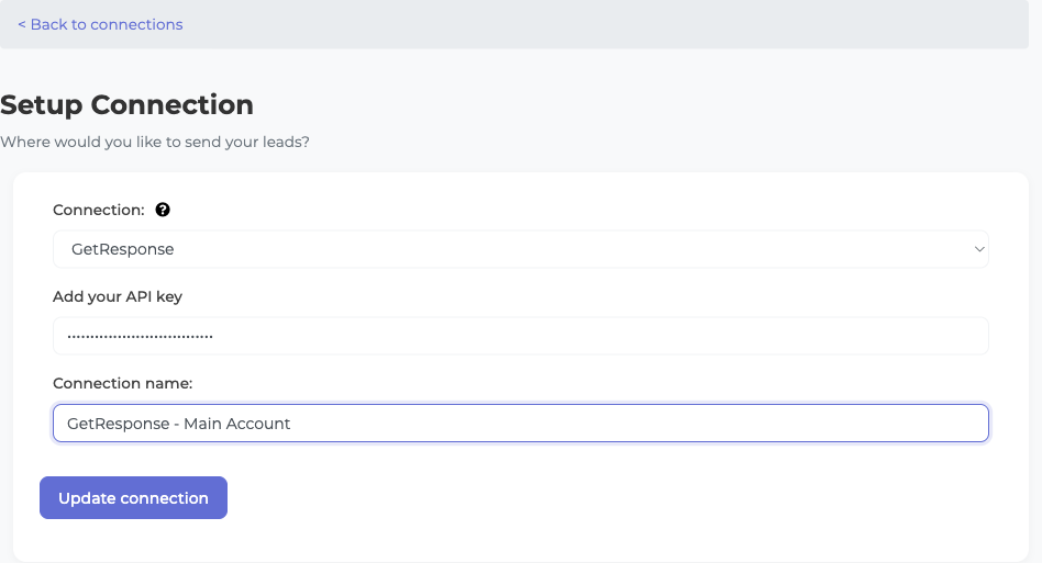 LeadSync GetResponse connection form