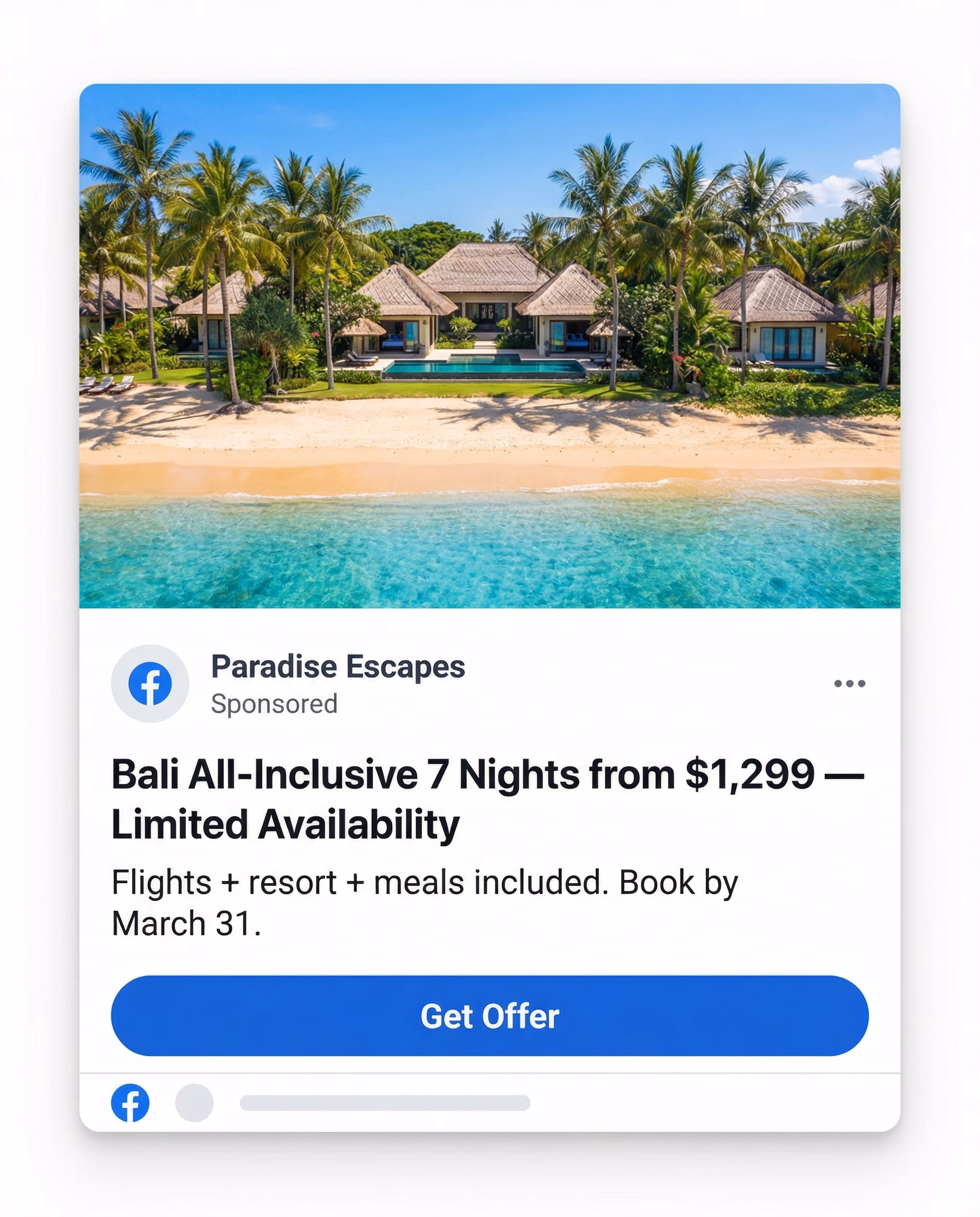 Travel Facebook lead ad example — all-inclusive vacation package deal